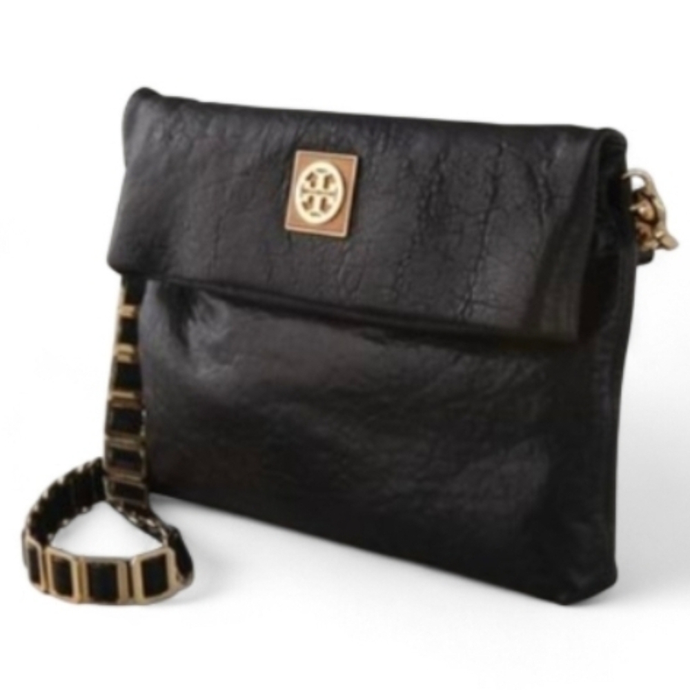 Tory Burch Beautiful Black Leather Women's Handbag w/ Woven Gold Chain Strap EUC - Picture 2 of 9